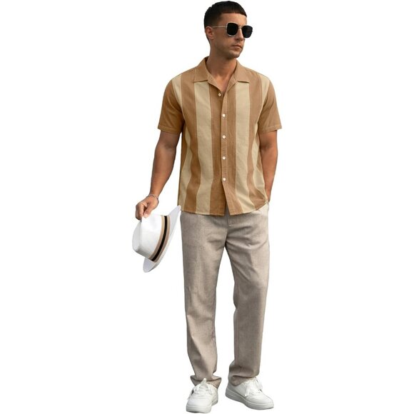 Men's Linen Shirt Short Sleeve Vintage Shirt Summer Casual Button Down - Picture 5 of 6